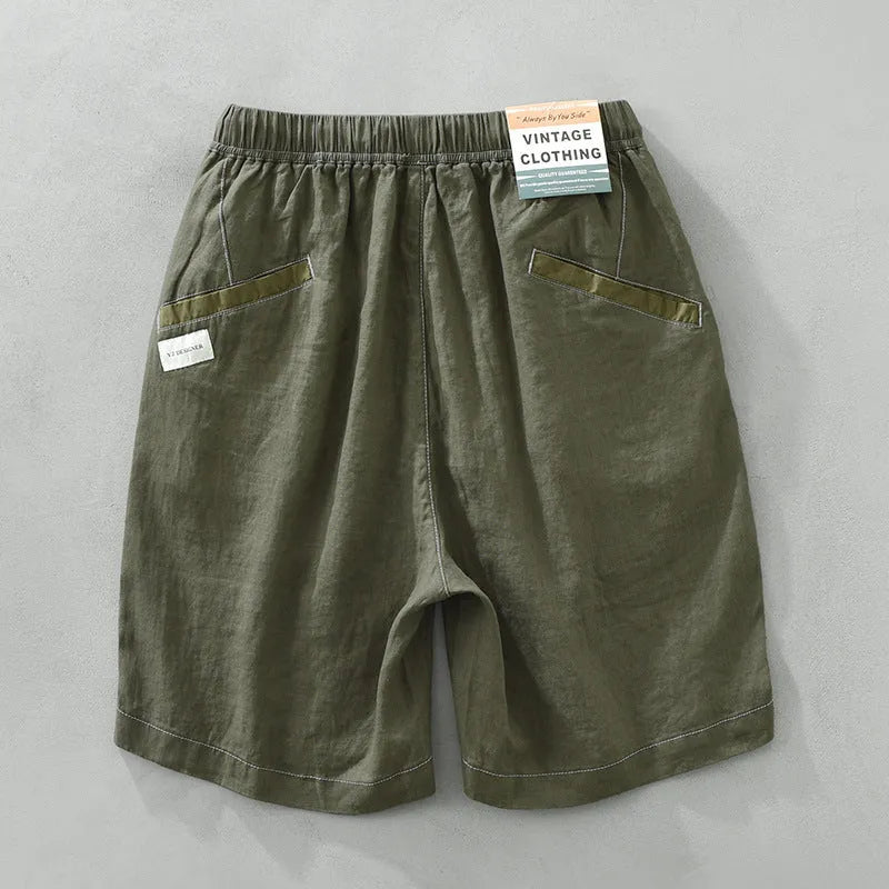 Men's loose straight linen shorts, mid waist drawstring, green or black, summer daily wear