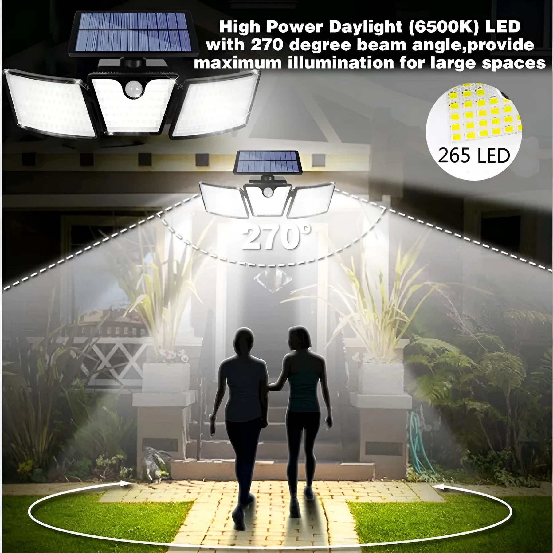 Solar light outdoor multi head human body induction garden light with ABS housing and IP65 waterproof rating
