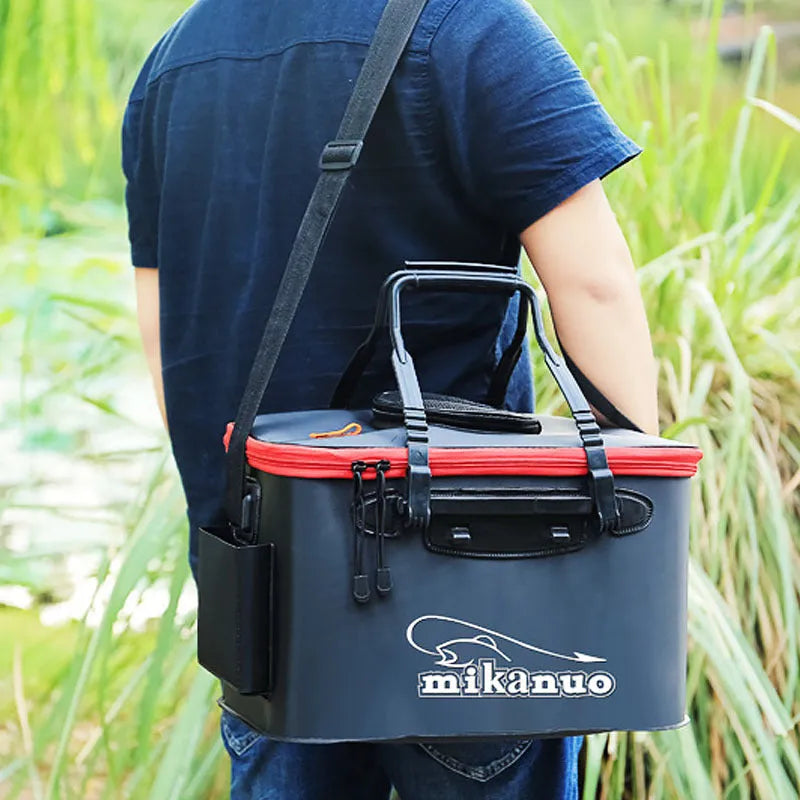EVA portable fishing bag folded live fish box with thick nylon zipper, black and orange options, 30 cm to 50 cm.