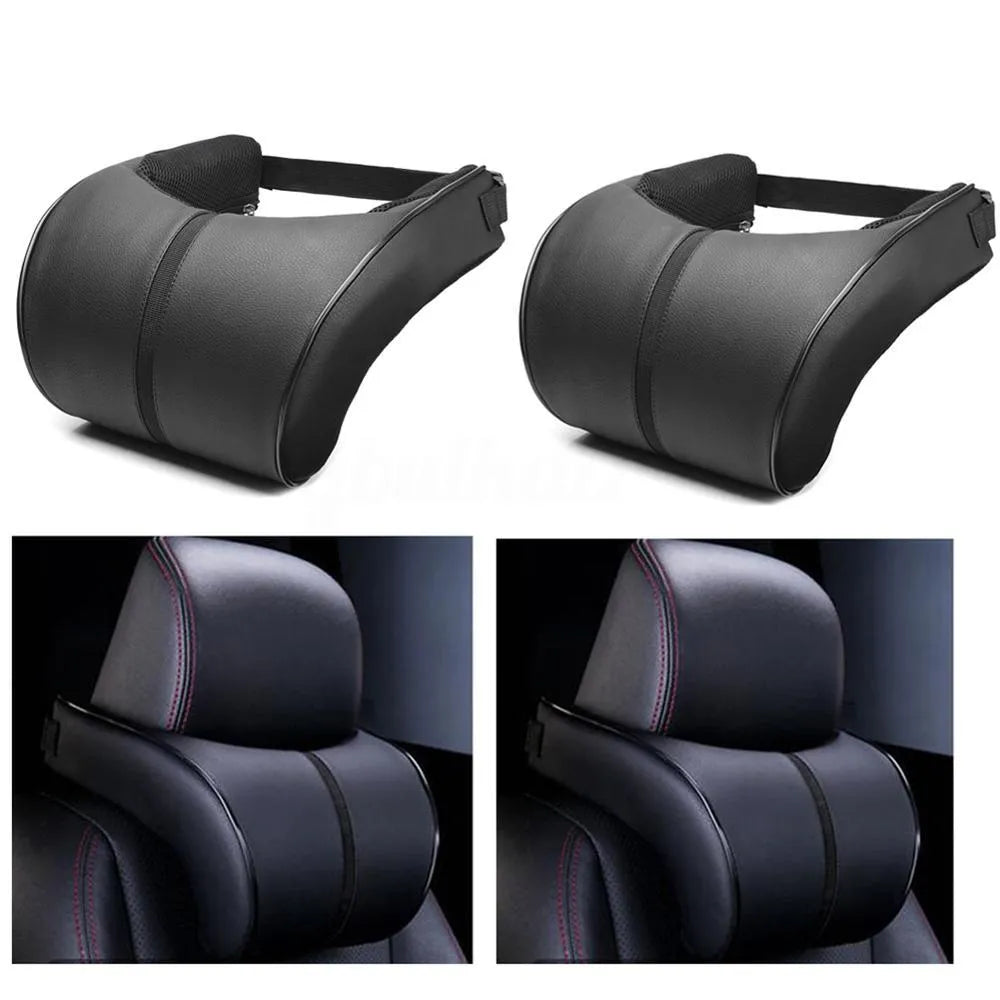 Black memory foam neck pillow car headrest with slow rebound and leather surface on a seat