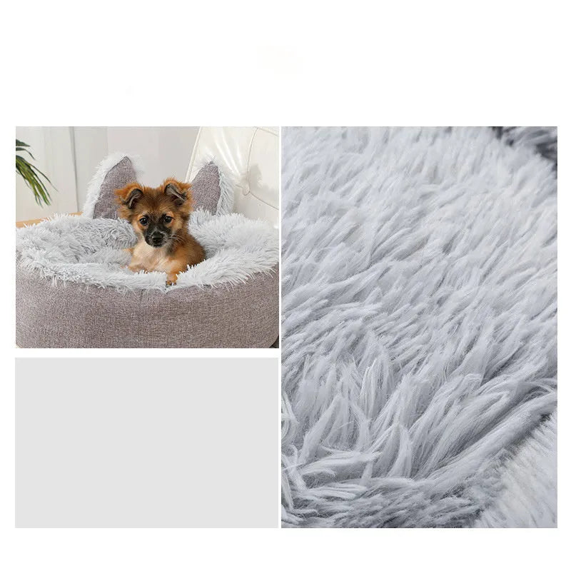 Round plush faux fur cat bed in blue, grey, orange, white or yellow, sizes XS 35cm to XL 75cm