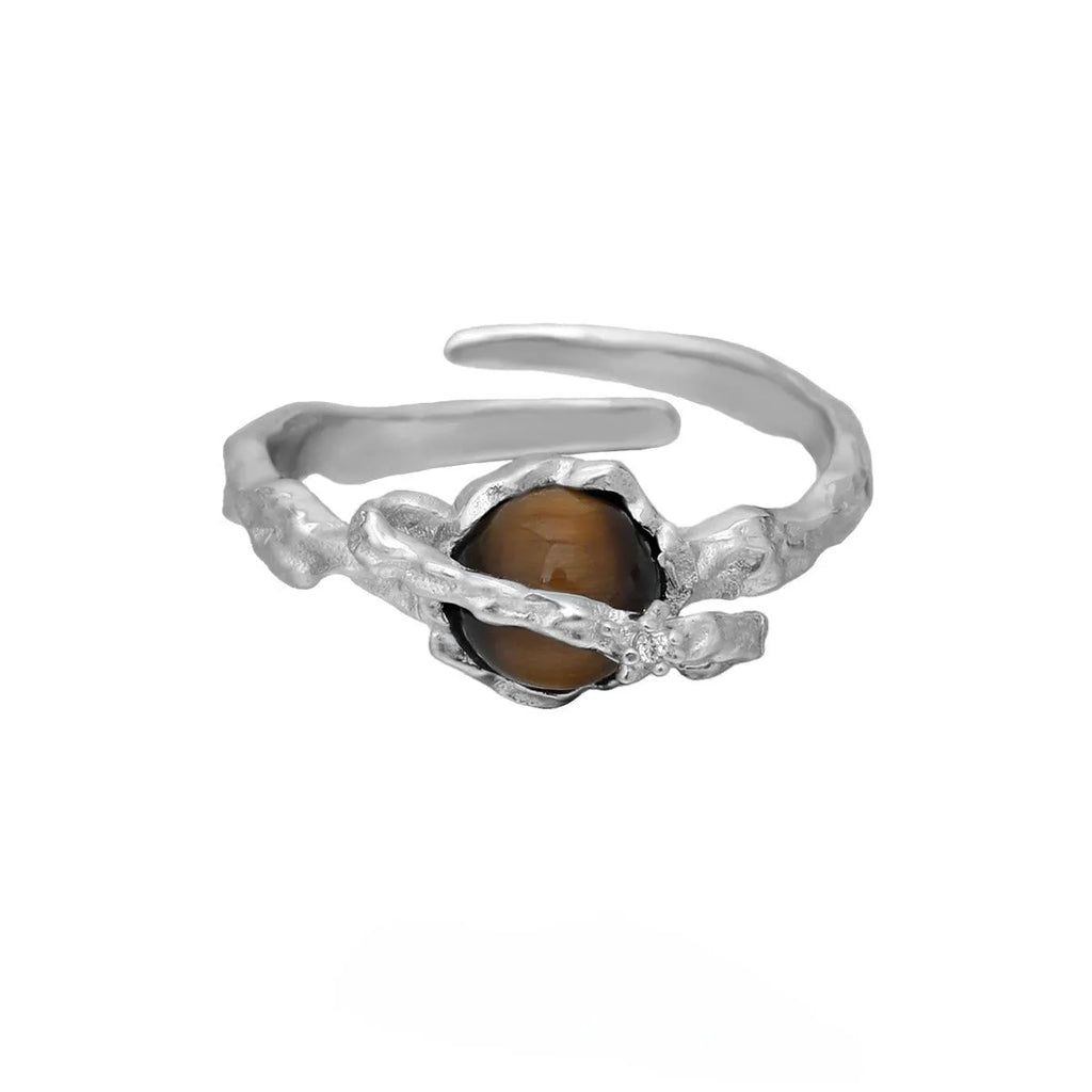 Saturn Tigereye adjustable silver ring with white gold electroplated finish and open design
