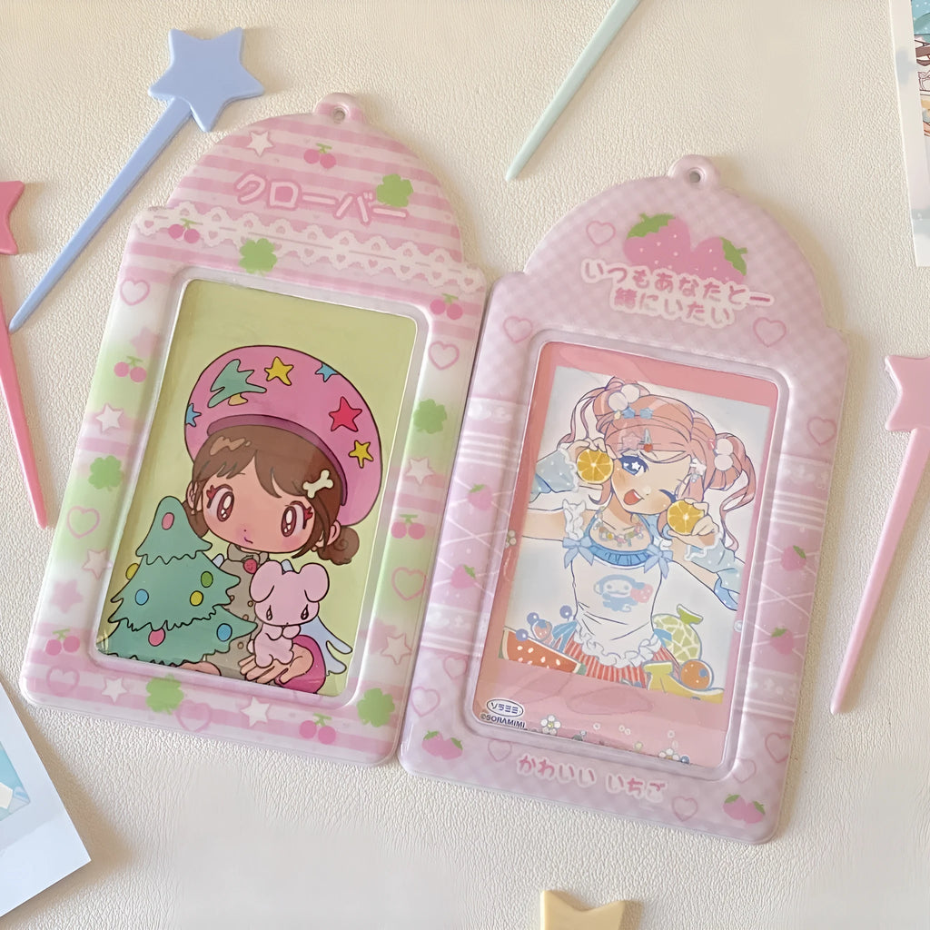 PVC meal card holder with strawberry design measuring 7.6cm by 13.6cm