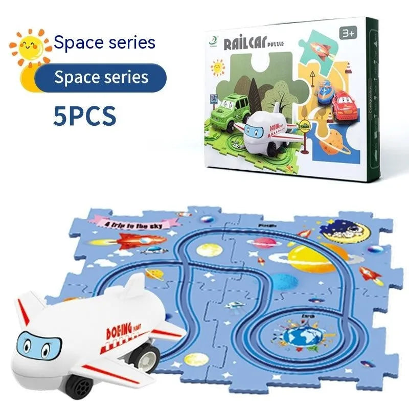 Children puzzle electric railroad speeder DIY track set with automatic car on grooved rails
