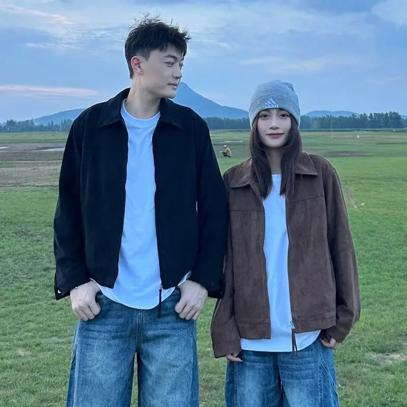 Men’s suede double jacket in black, loose thickened Vinylon fabric with Lycra, daily wear outerwear