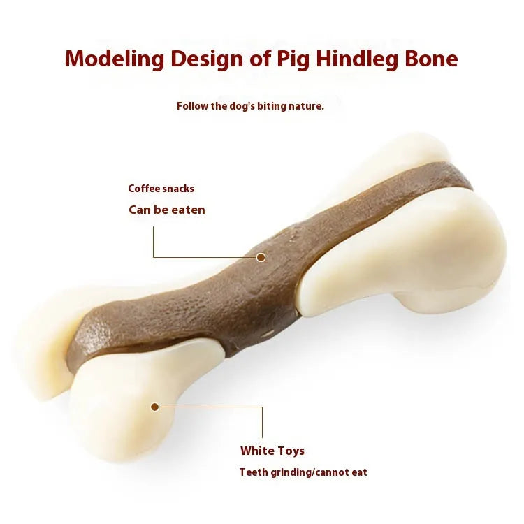 Bone grinding rod dog chew toy in foodie bones colours with cowhide leather and nylon cord construction