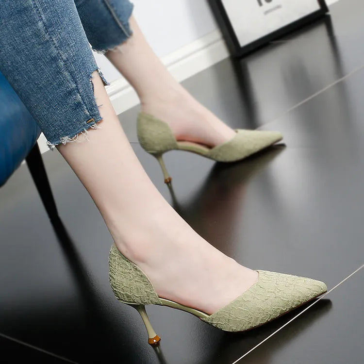 Women's black pointed toe stiletto high heel shoes with a 6-8cm heel and plain PU upper.
