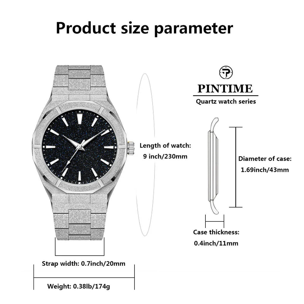 Men's stainless steel business watch with luminous markers on a frosted bracelet, shown in black, gold, and silver colour options.