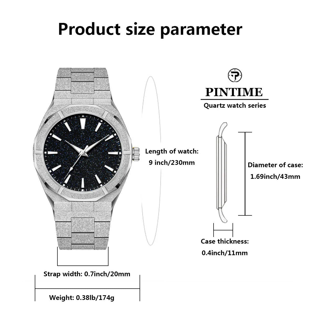 Men's stainless steel business watch with luminous markers on a frosted bracelet, shown in black, gold, and silver colour options.