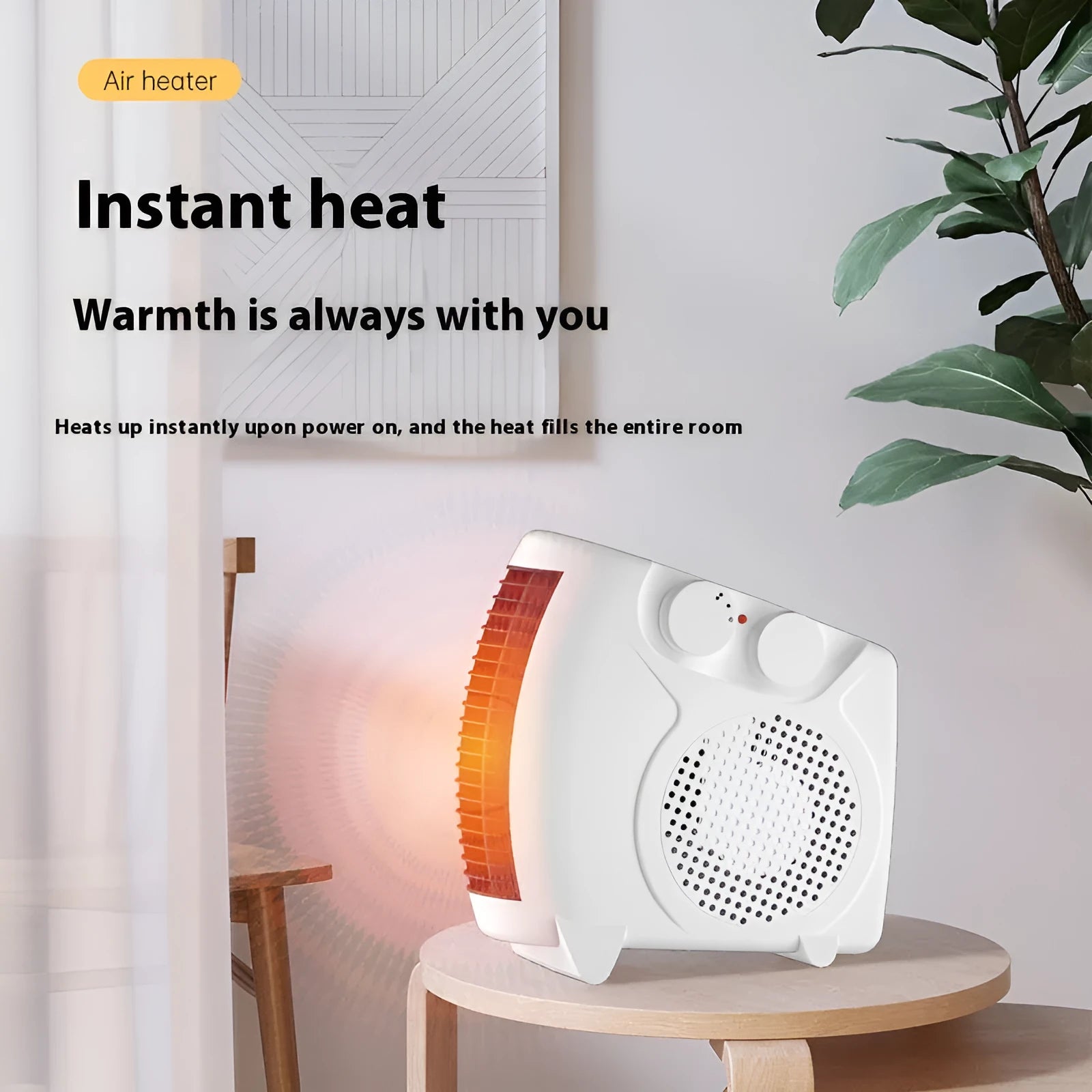 Small white desktop electric heater with power controls, suitable for rooms under 10 square metres.