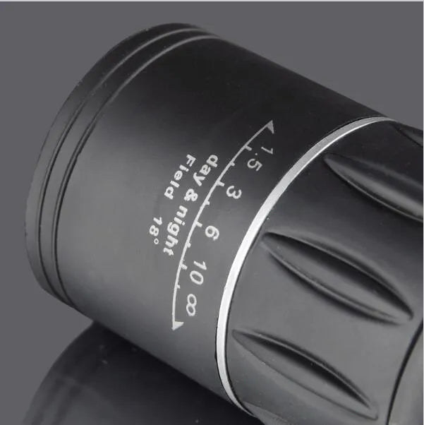 Black 16x52 monocular with 52mm objective lens and roof prism construction