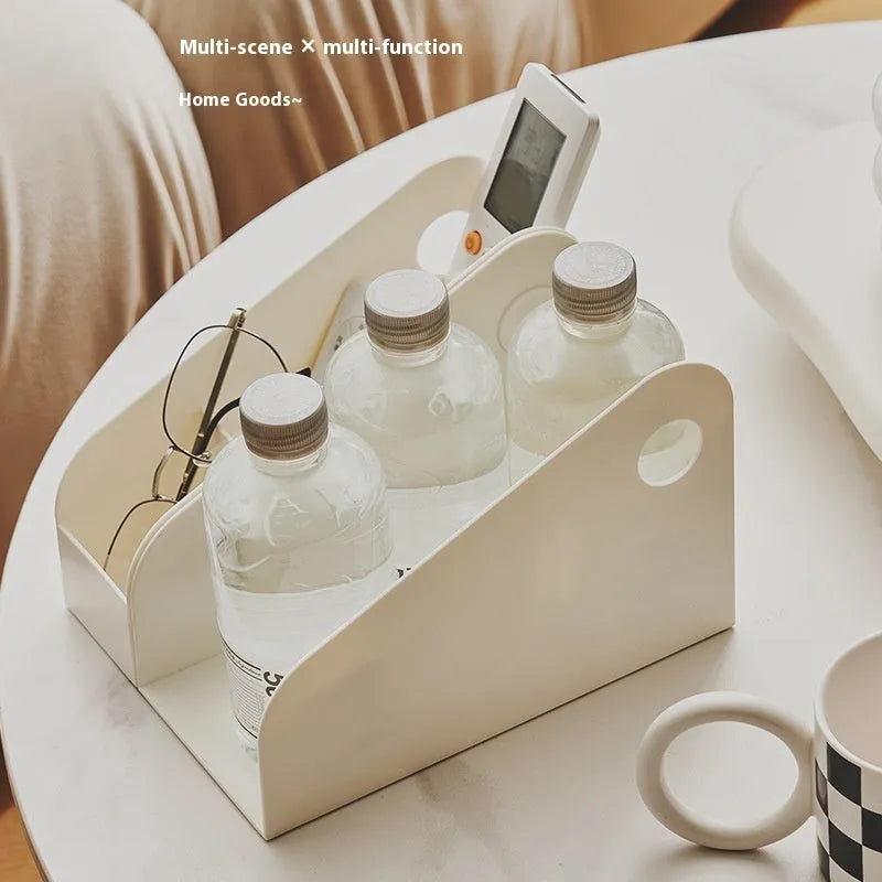 Plastic desktop storage box with two grid compartments in milk coffee colour