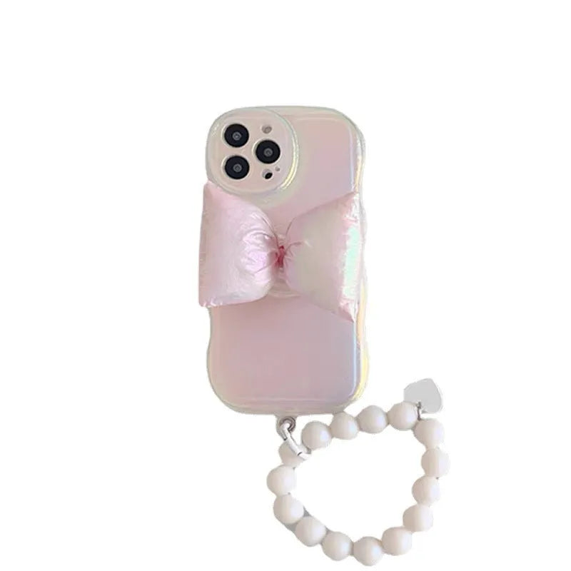 Laser sparkle silicone phone case with bowknot and bracket for iPhone, ladies soft shell cover