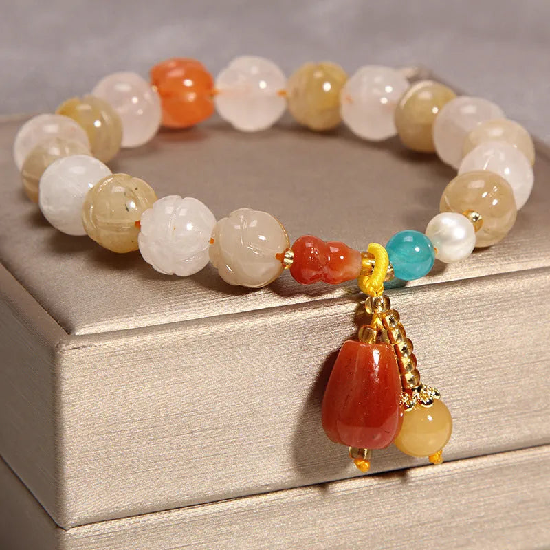 Khaki yellow agate crystal bracelet for women with gold silk threading