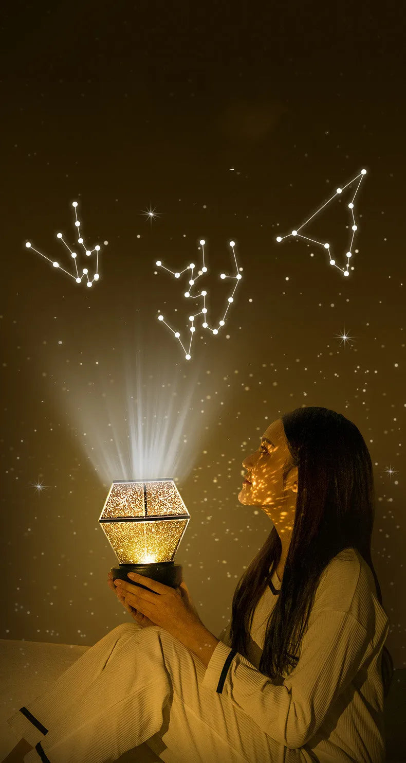 Children's rotating star night light projecting dreamlike starlight in a bedroom