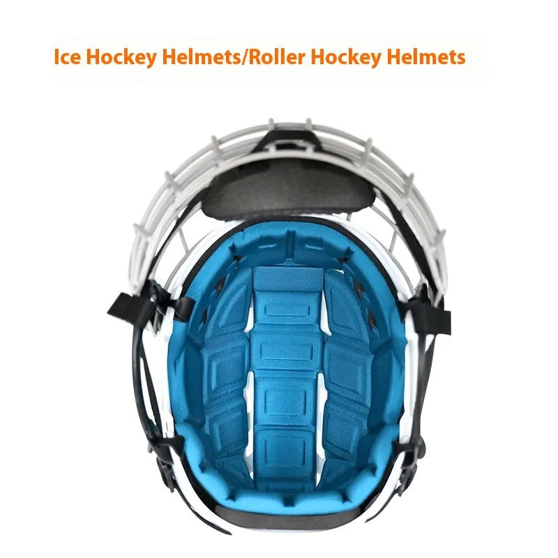 Adult ice hockey helmet with a carbon steel face mask, shown in S/M/L/XL sizes.