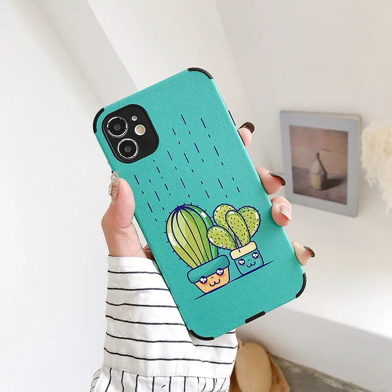 Cactus embossed iPhone case in TPU and leather, back cover in blue or khaki for iPhone 6 to 11 Pro Max.