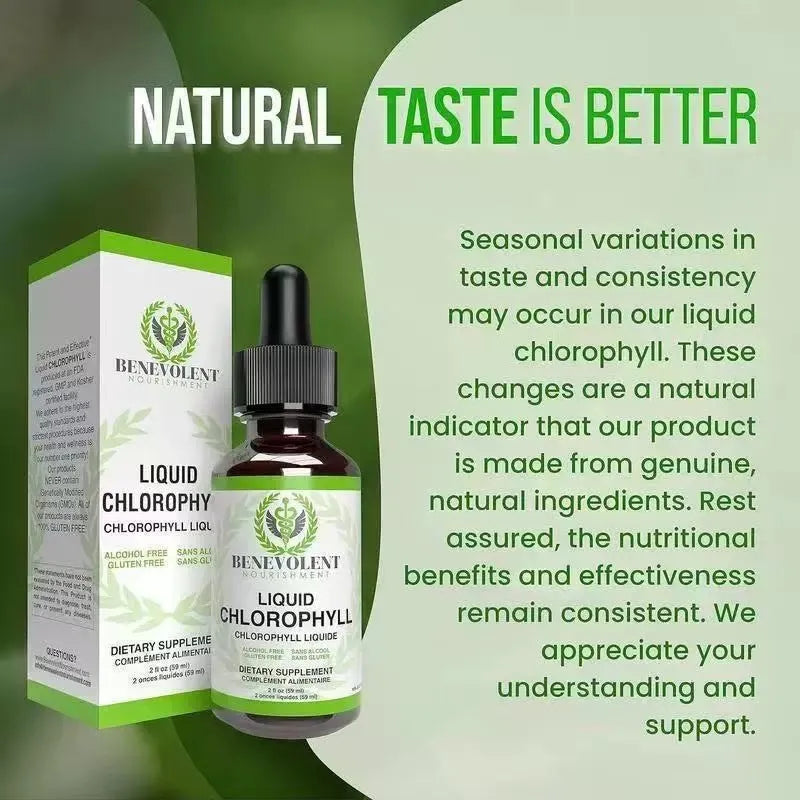 60ml bottle of natural chlorophyll drops with dropper for intestinal care and body odor support