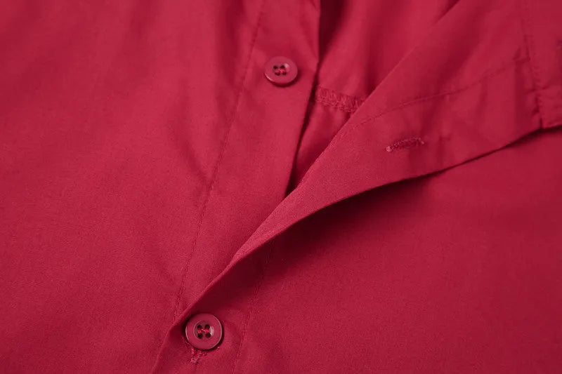 Men's red stand-up collar casual shirt with Chinese-style design, long sleeves, available in sizes S to XXXL