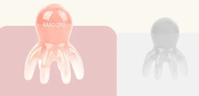 Small pink octopus-shaped massage comb made of natural resin with a storage bag.