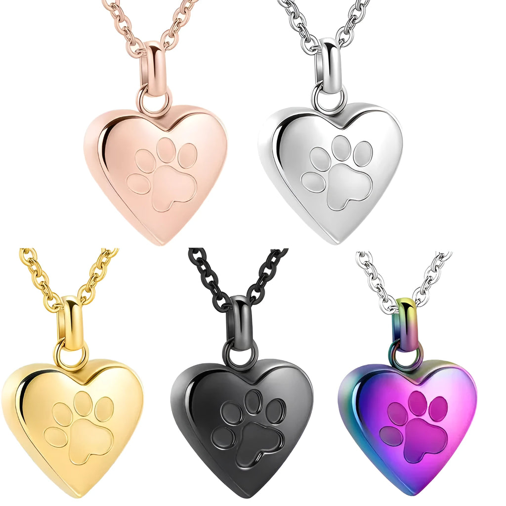 Openable heart-shaped titanium steel cinerary necklace on a chain, shown in multiple colour finishes.