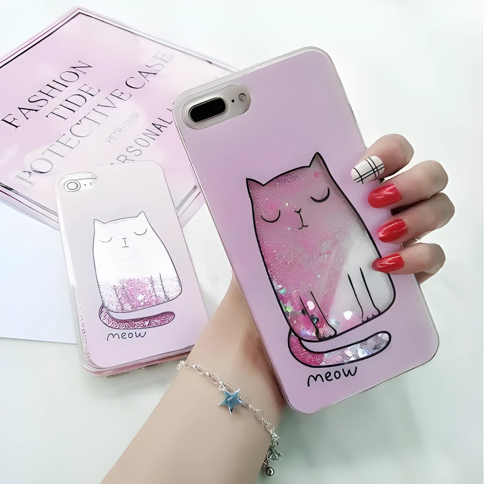 Glittery cat-themed protective case for iPhone models 6 through X.