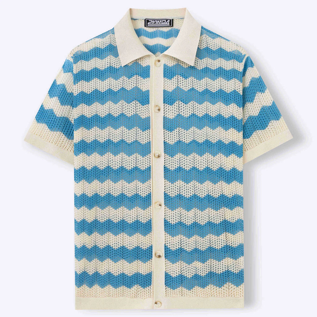 Short sleeve Tencel viscose sweater with jacquard corrugated flocking pattern in blue.