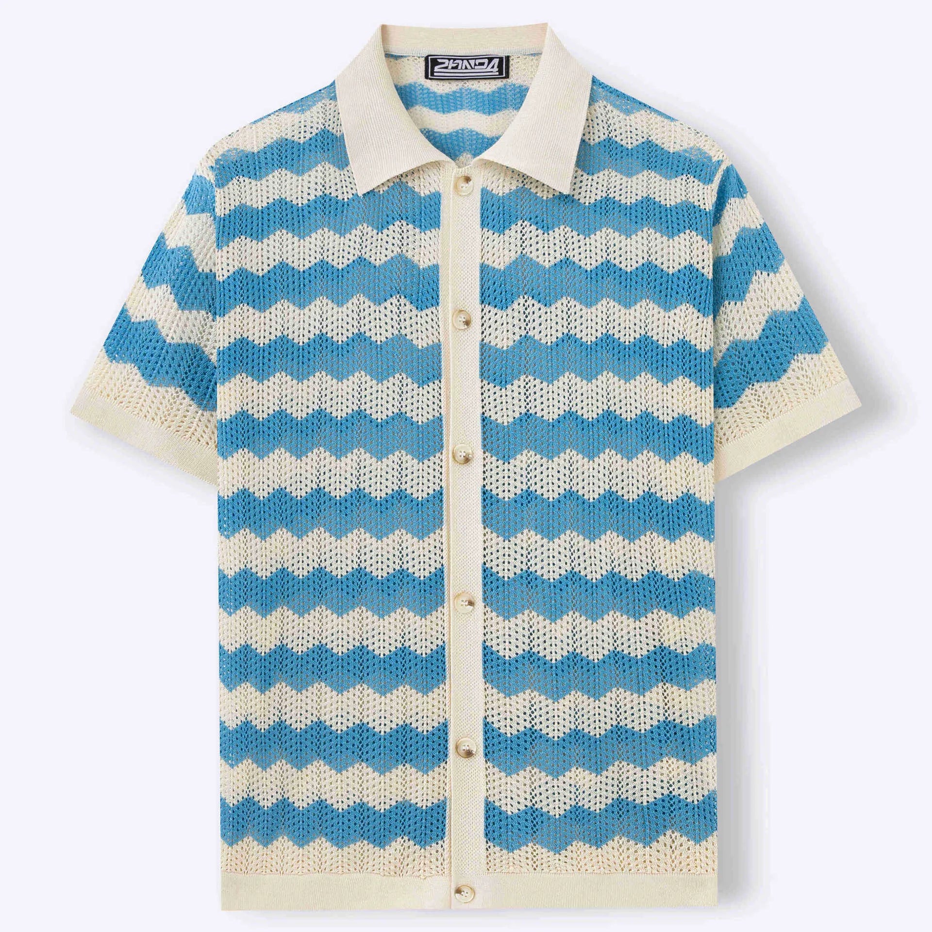 Short sleeve Tencel viscose sweater with jacquard corrugated flocking pattern in blue.