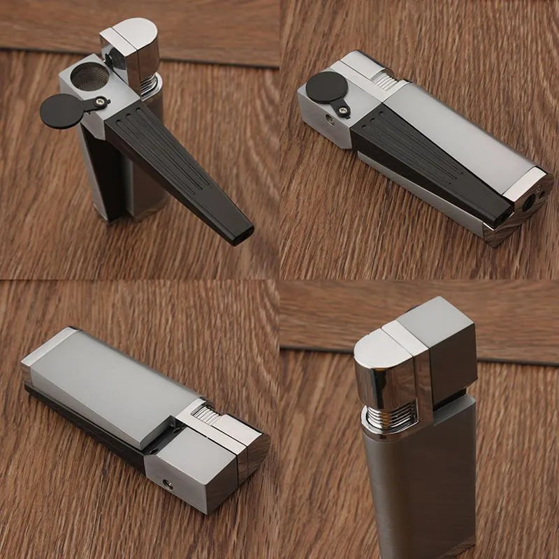 Refillable metal pipe lighter with foldable design showing silver square cover and compact 9.2cm size