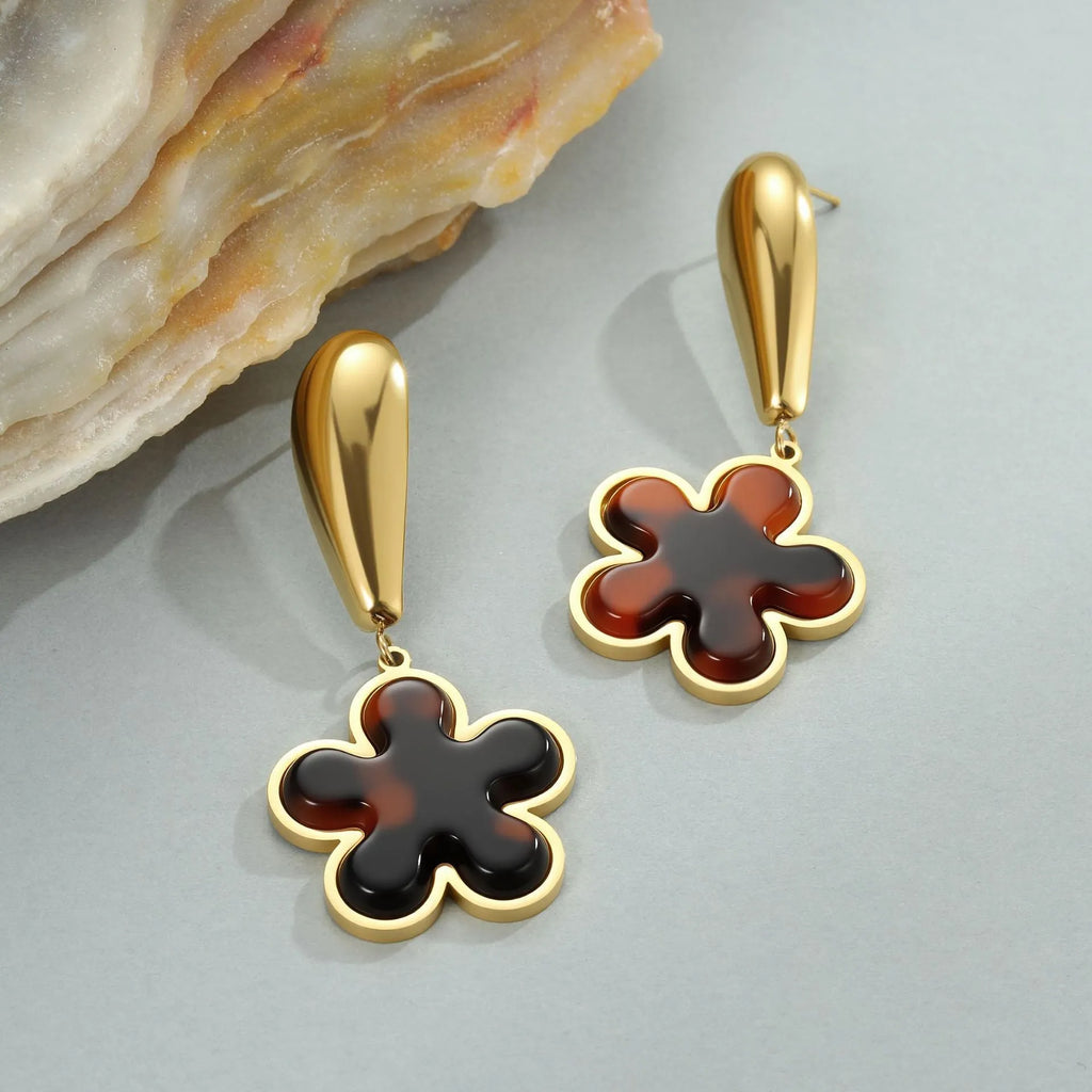 Tortoiseshell resin hawksbill colour earrings with 18K gold plating on stainless steel in heart-shaped and floral geometric designs
