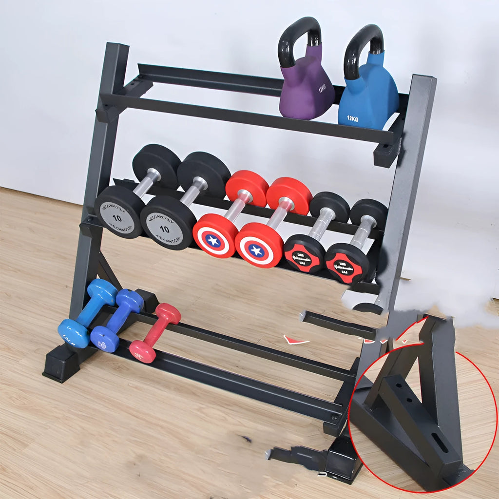 Three-layer black dumbbell rack with angled iron shelves and square tube frame