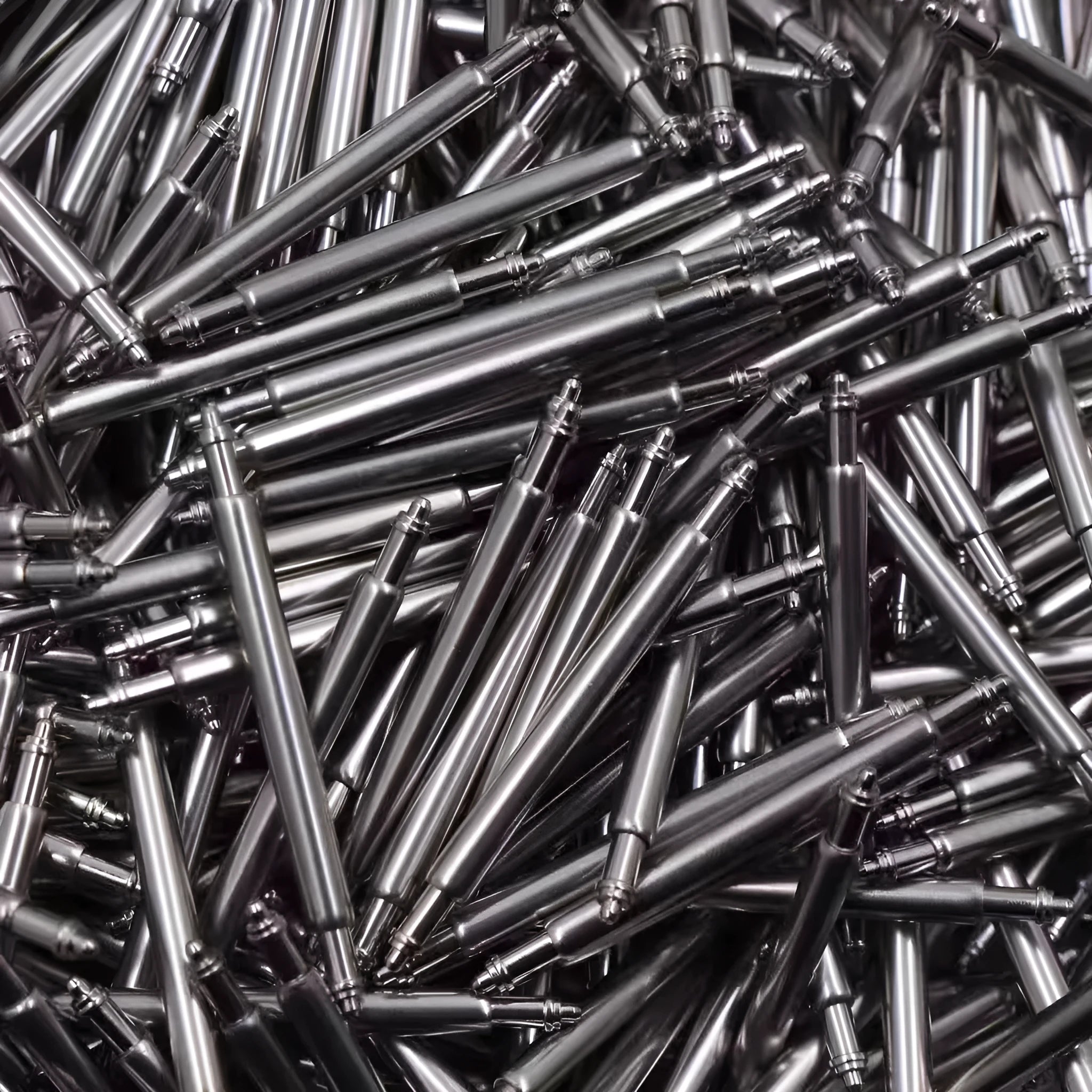 Bulk box of watch repair parts including bolts and springs in sizes 21mm to 26mm.