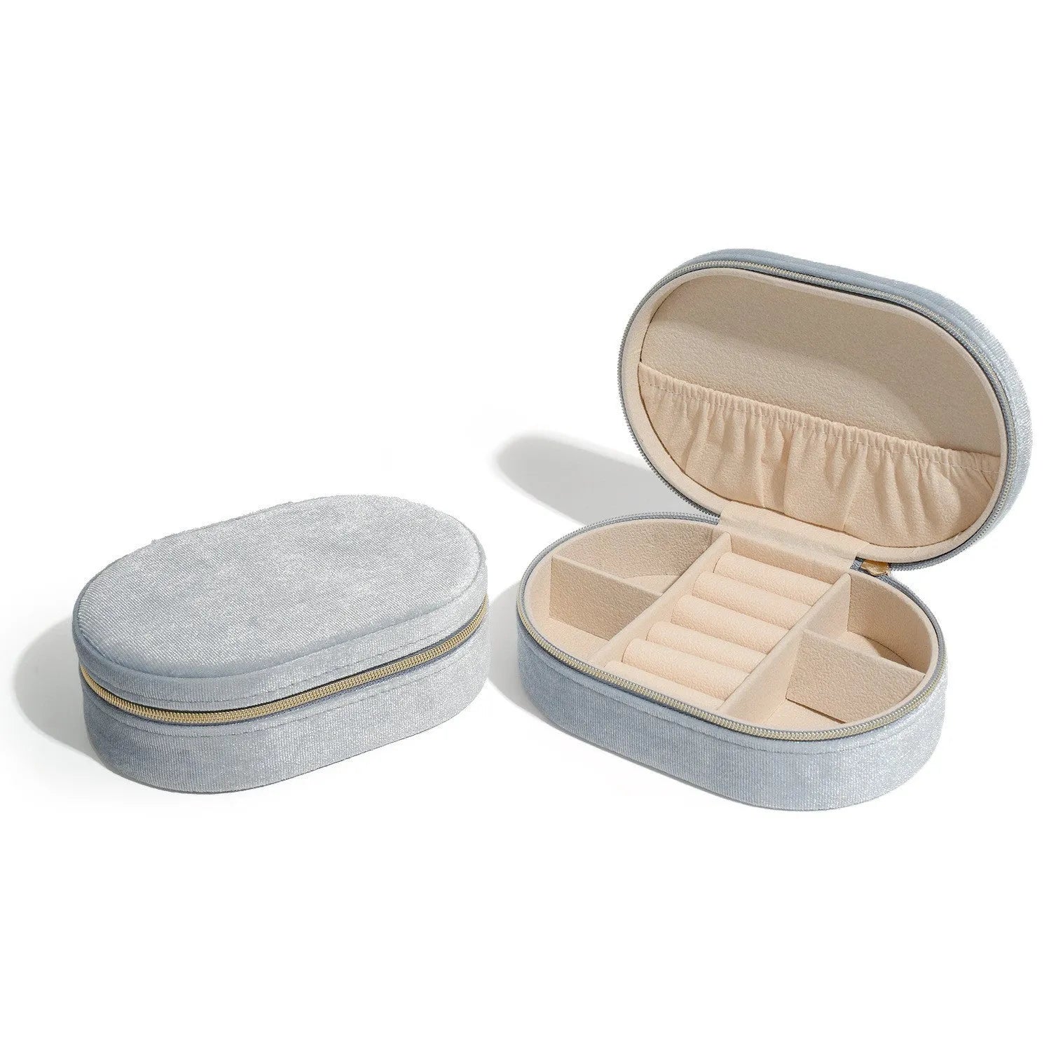 Korean style oval velvet jewellery box in multiple colours with flannel lining, shown with dimensions 15x10x5cm