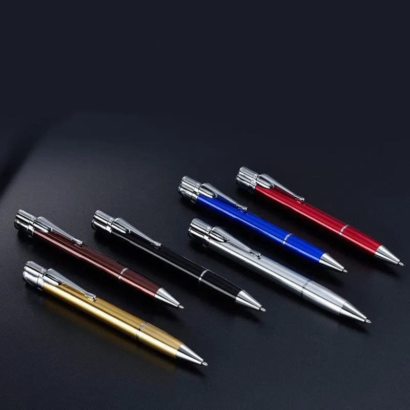 Slim metal pen lighter with windproof jet flame, keychain attachment, in choice of colours.