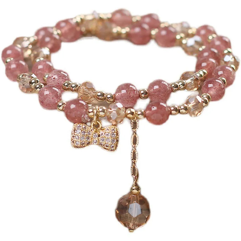 Gold double layer strawberry quartz bracelet for women with U-shaped original design