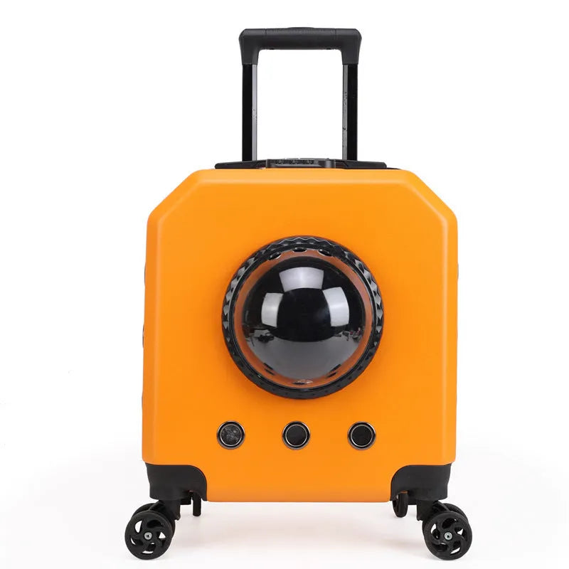 Hard-shell pink PVC pet flight case on wheels for cat air travel.