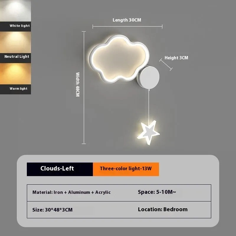 Cartoon cloud and five-pointed star themed bedside wall lamp for a child's room.