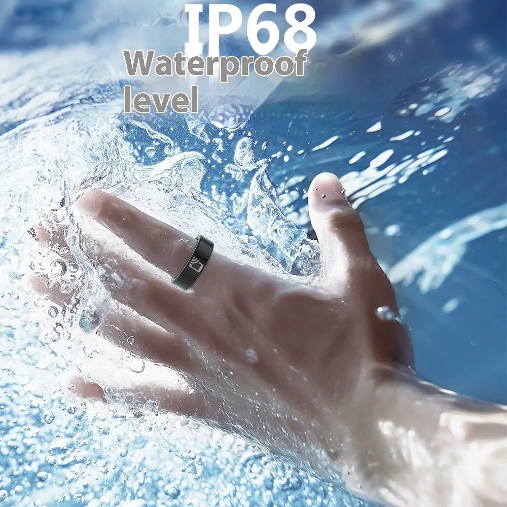 Black ceramic smart ring for heart rate, blood oxygen, and sleep monitoring on a finger