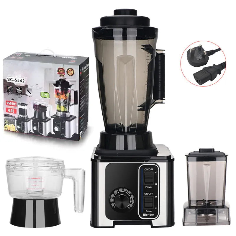 4L three-in-one grinding machine with juicer cup, minced meat cup, and grinding cup on a kitchen counter