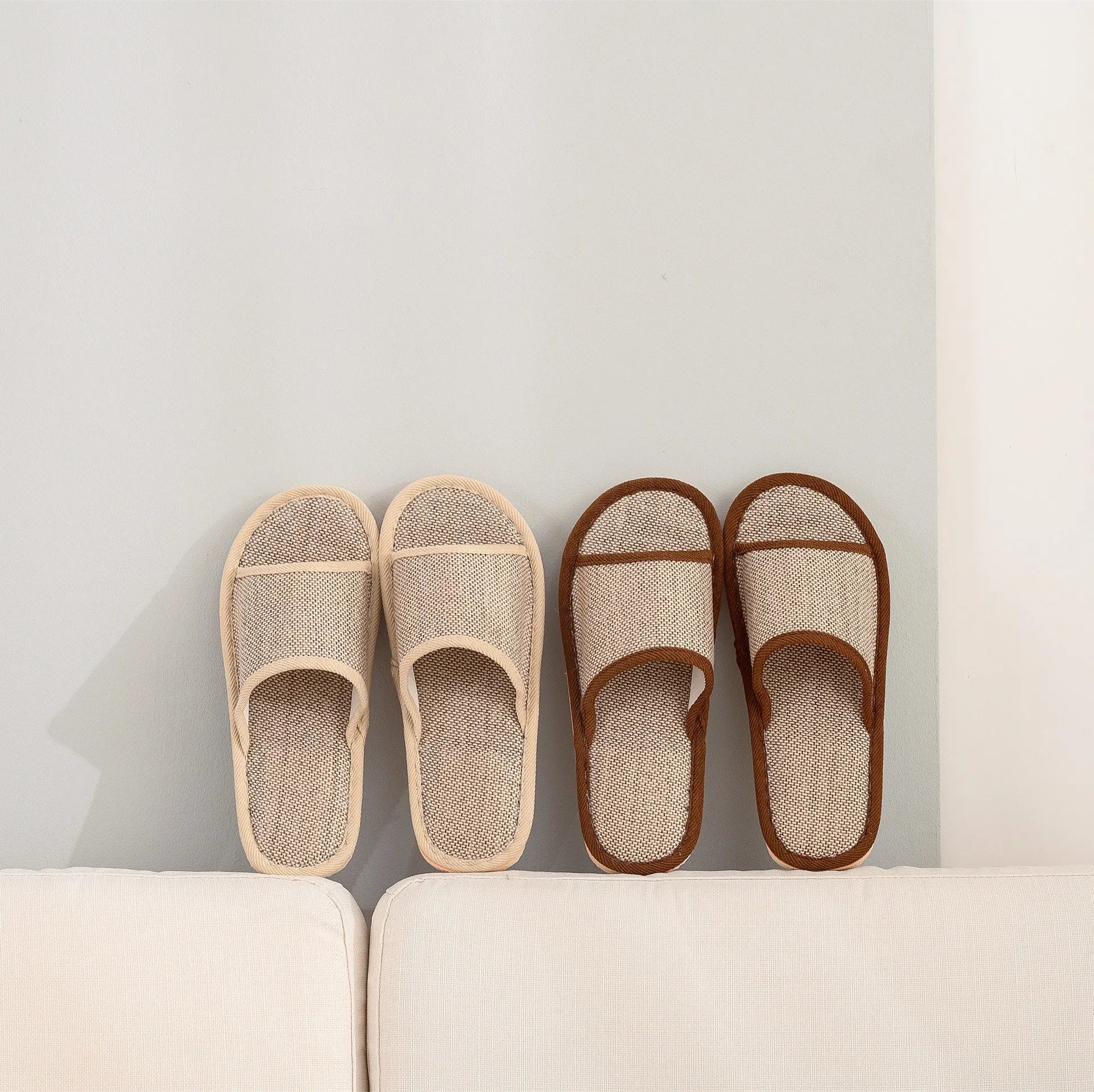 Women's open toe linen slippers in various colours with thickened sole design