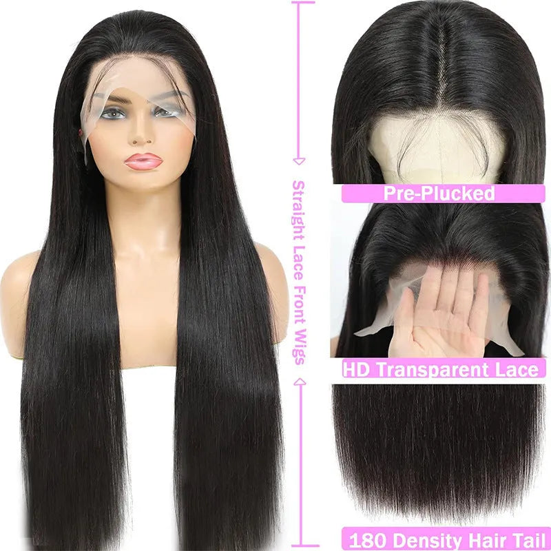 Straight black human hair wig with 13x6 Swiss lace front, shown in a long length