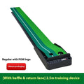 PGM 3m indoor putting mat with baffle, plastic base, and simulated grass surface on a floor