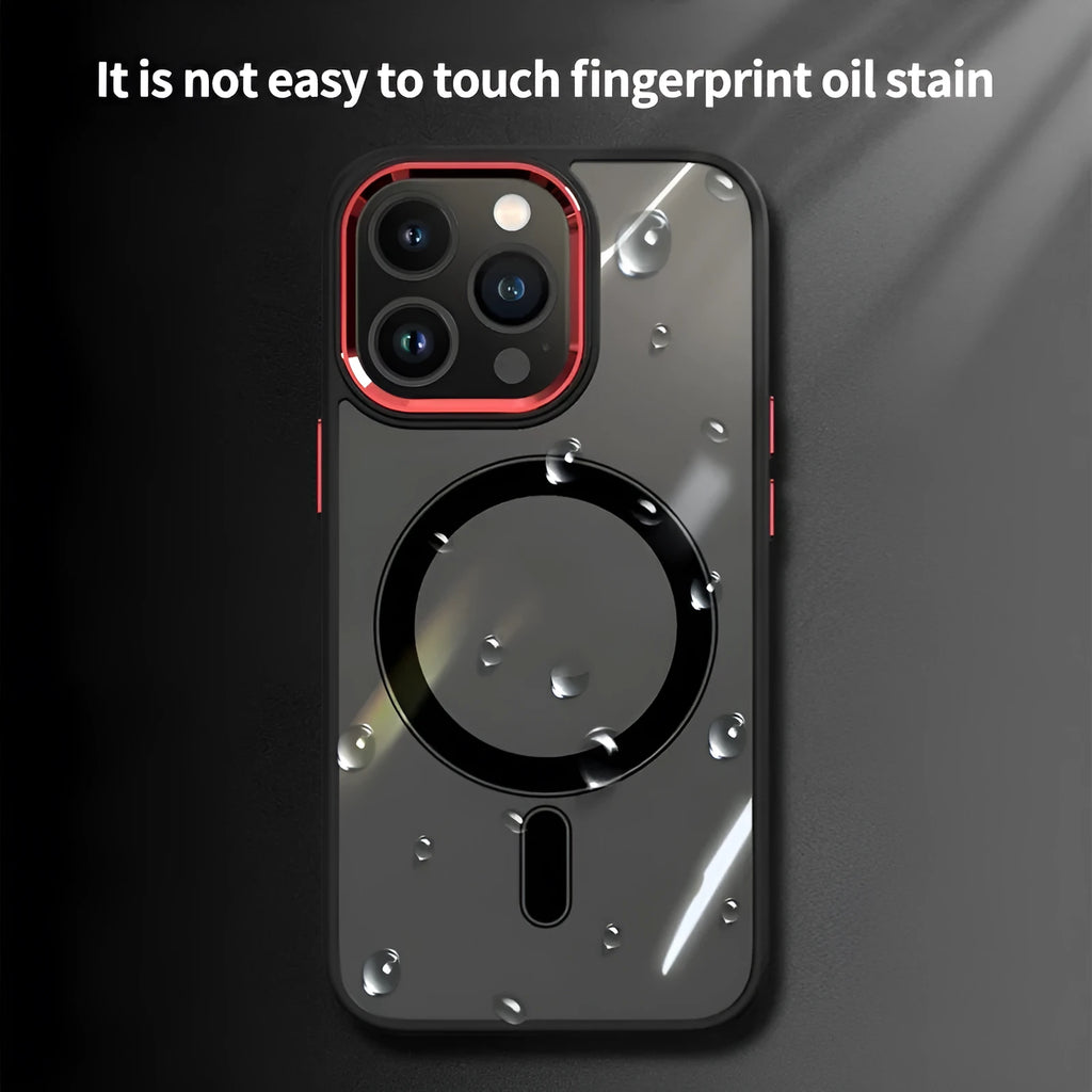 Magnetic suction shell phone case with metal lens frame and acrylic back for iPhone, black edge red frame