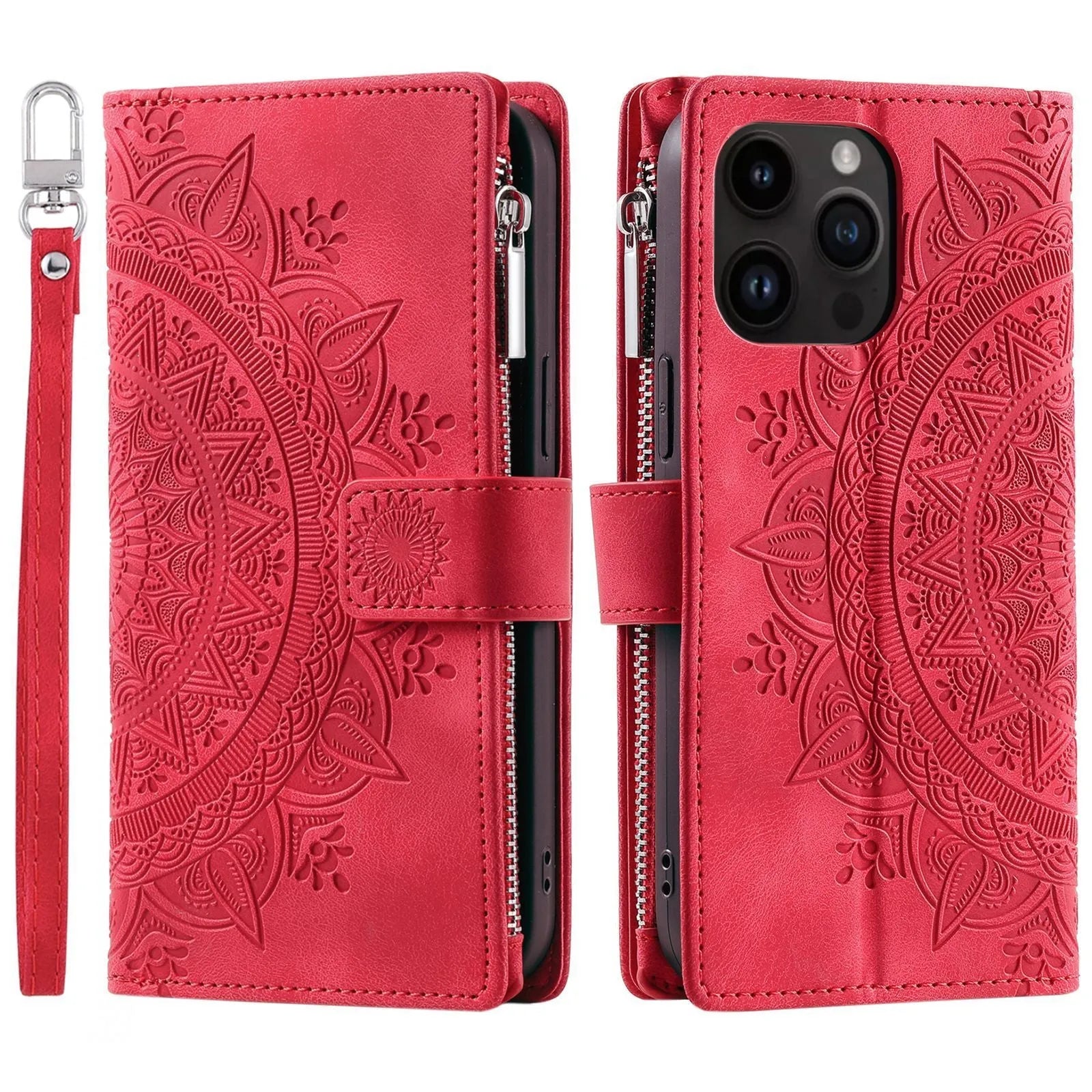 Faux leather card zipper phone case in purple with embossed texture and magnetic closure for iPhone 16