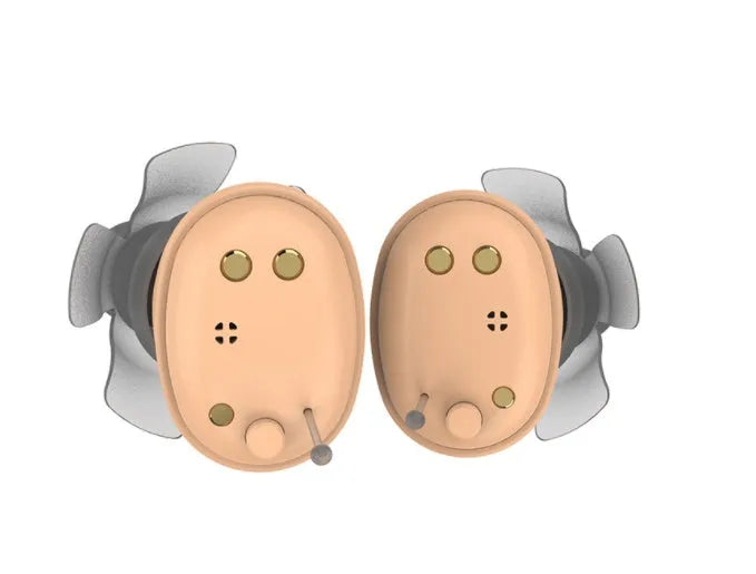 Luna RL60M intelligent sound amplifier earplugs in medical silicone, shown in black and skin colours