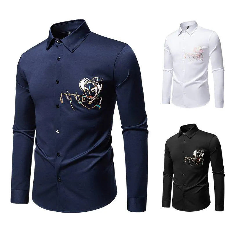 New Men's Long-sleeved Printed Casual Shirt in Polyester with Wool Lining and Slim Fit - Available in White, Black, Navy Blue - S to 2XL for Youth Adults Leisure Wear