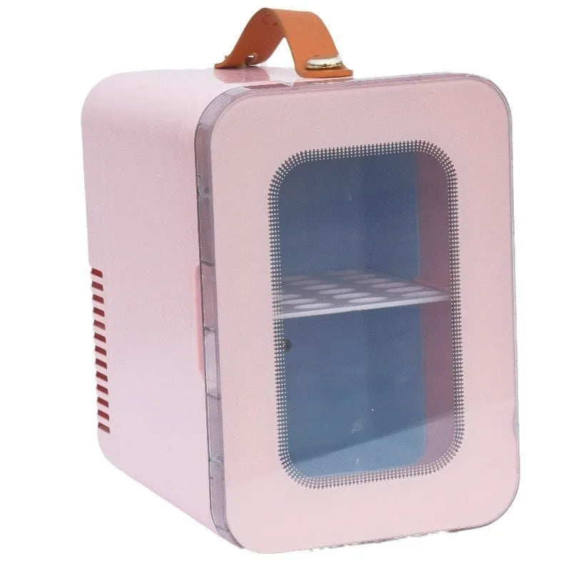 Pink mini refrigerator with transparent door showing 6L capacity for hot and cold dual-use in car and home