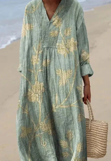 Casual long sleeve floral 3D printed shirt dress with a wide waist on a hanger.