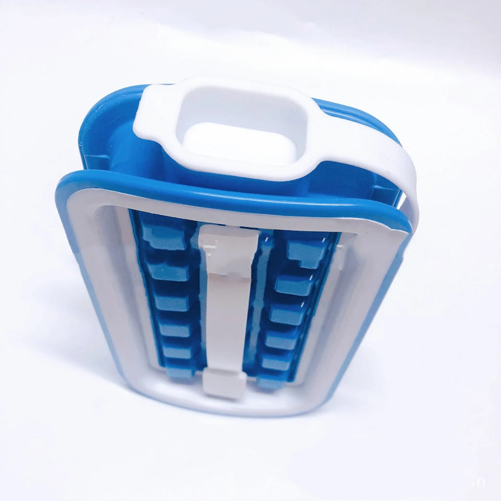Blue silicone ice cube tray with 36 grids on a white background showing lid and one removed cube