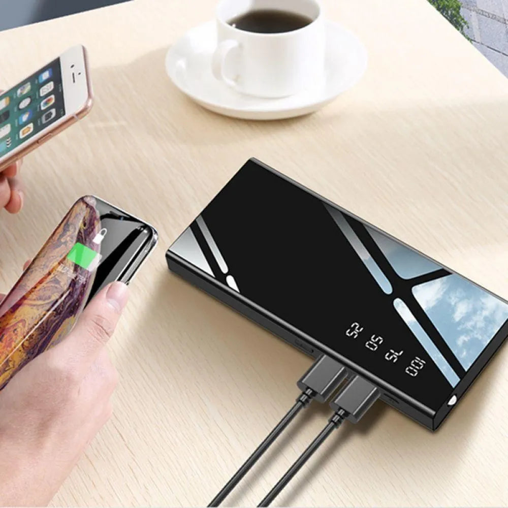 Black 20000mAh portable power bank with LCD display showing battery percentage and dual USB ports
